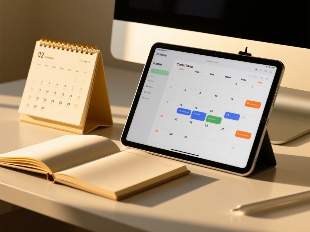 A minimalist desk calendar open to current week. A sleek tablet displays a clean scheduling interface beside it, bathed in golden afternoon light. No people.