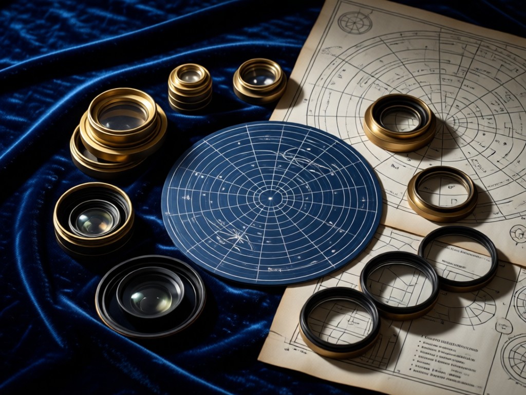 Artistic arrangement of astronomy equipment: telescope eyepieces, lens filters, and a star chart on dark velvet. Soft directional lighting creates dramatic shadows. No people.