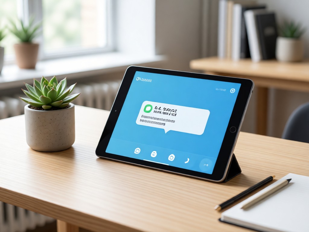 A clean desk with a tablet showing a message notification. Nearby, a potted succulent and minimalist stationery. Soft focus background. No people.