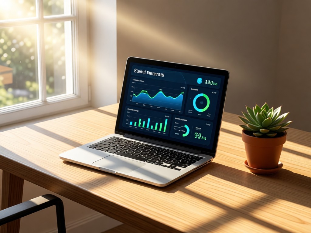 Minimal desk setup: open laptop showing clean energy metrics dashboard beside a potted succulent. Morning light streams through window, creating soft shadows on wood grain.