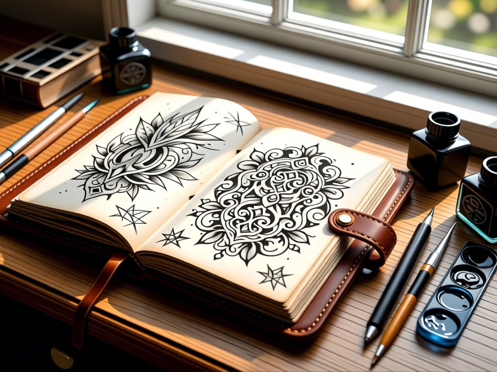 A leather-bound sketchbook open to intricate tattoo designs beside ink-stained drafting tools. Soft window light illuminates pencil textures and pigment smudges. No people.