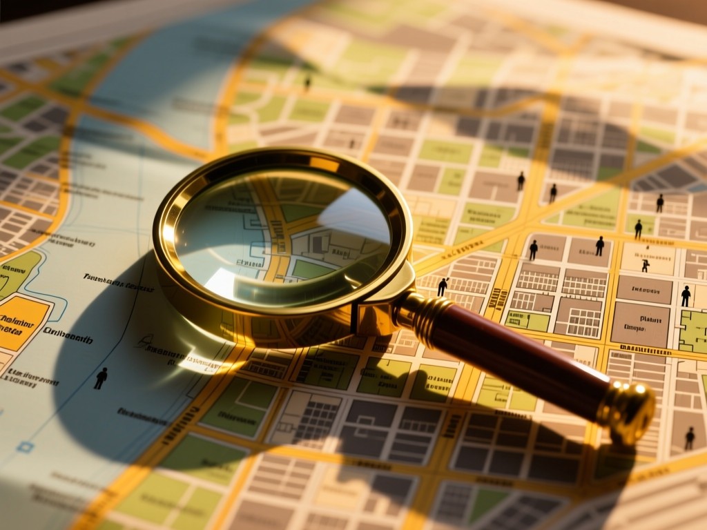 A vintage magnifying glass resting on a map of a city neighborhood. Golden hour light creates long shadows. Focus on discovery and local visibility. No people.
