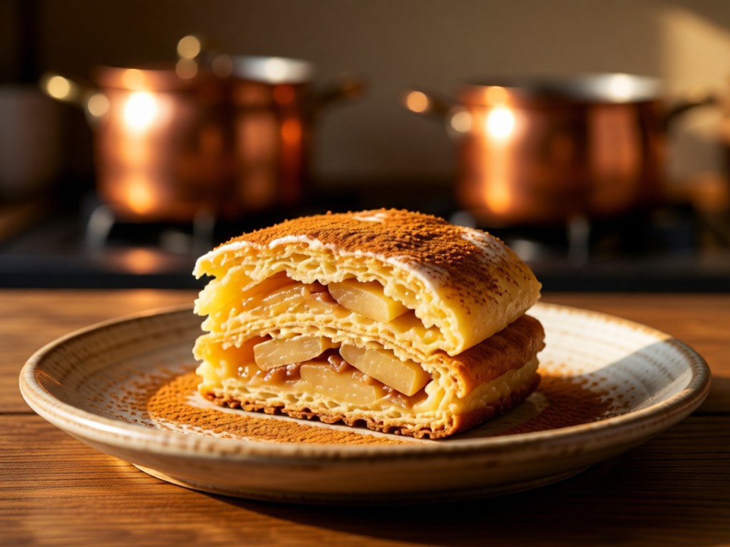 Close-up of a perfectly plated Polish apple szarlotka on a handmade ceramic plate. Soft side lighting highlights the pastry layers and cinnamon dusting. Blurred background shows a rustic kitchen with copper pots. Warm golden hour tones.