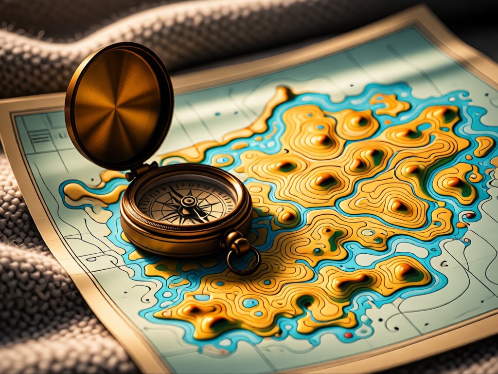 A vintage compass and topographic map of Lofoten Islands on a wool blanket. Warm sunlight highlights terrain details. No people.