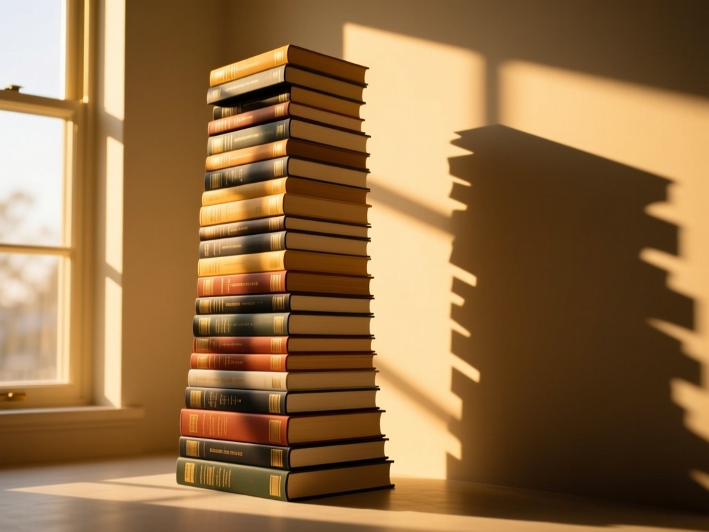 A towering stack of hardcover books under a golden hour window, sunlight casting long shadows, symbolizing knowledge and growth, minimalist composition, no people.