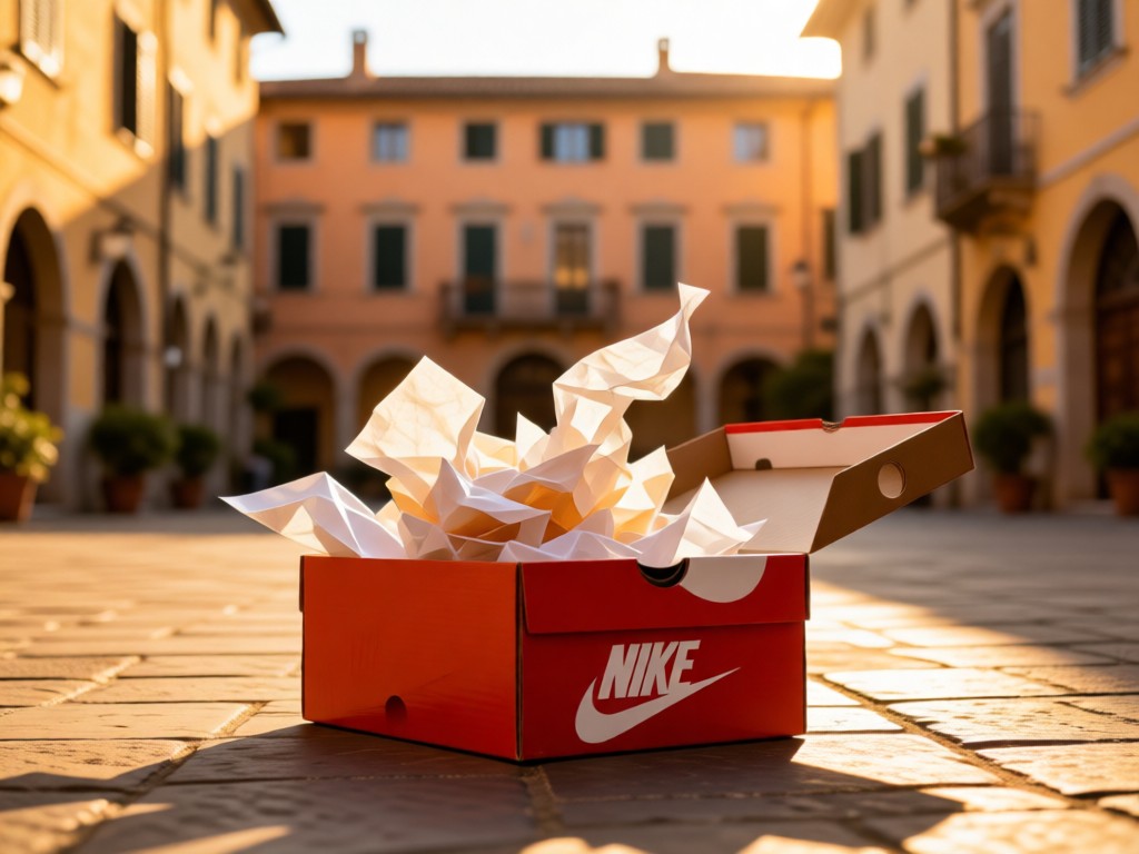 A single iconic Nike shoe box centered in a sunlit European courtyard. The box is open with tissue paper artfully spilling out. Mediterranean architecture forms the blurred background in golden hour. No people.