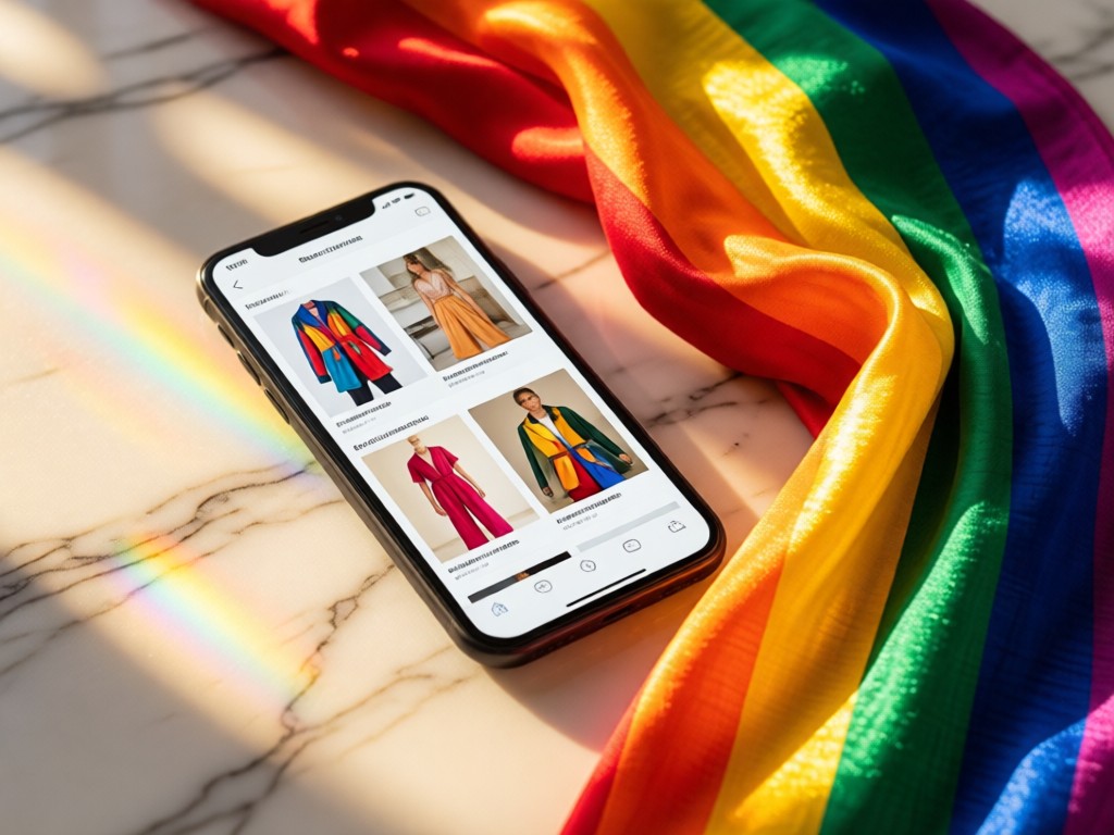 A smartphone displaying a vibrant clothing portfolio beside a draped rainbow scarf on a marble surface. Golden hour reflections create warm highlights. No people.