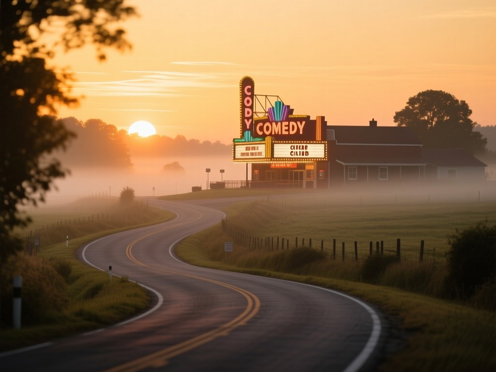 A winding country road at sunset leading to a lit-up comedy club marquee in the distance, warm golden hour glow, misty atmosphere, soft focus foreground, journey metaphor, no people.