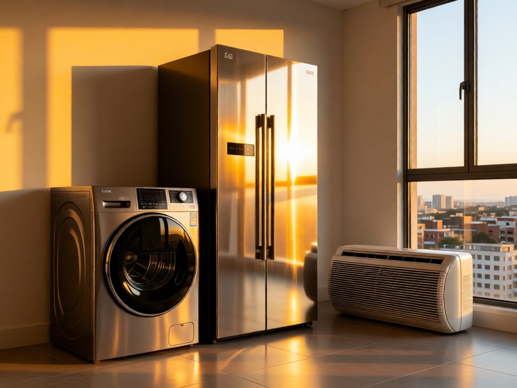 An artistic arrangement of LG home appliances (washer, fridge, AC) in a minimalist Lagos apartment. Golden hour light creates warm reflections on stainless steel surfaces. No people.
