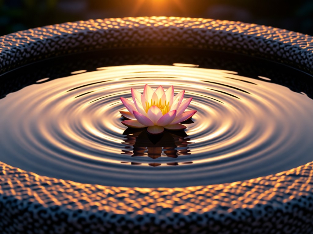A single lotus flower floating in a stone basin at sunset. Ripples extend outward in still water. Symbolizes centered growth and digital clarity. No people.