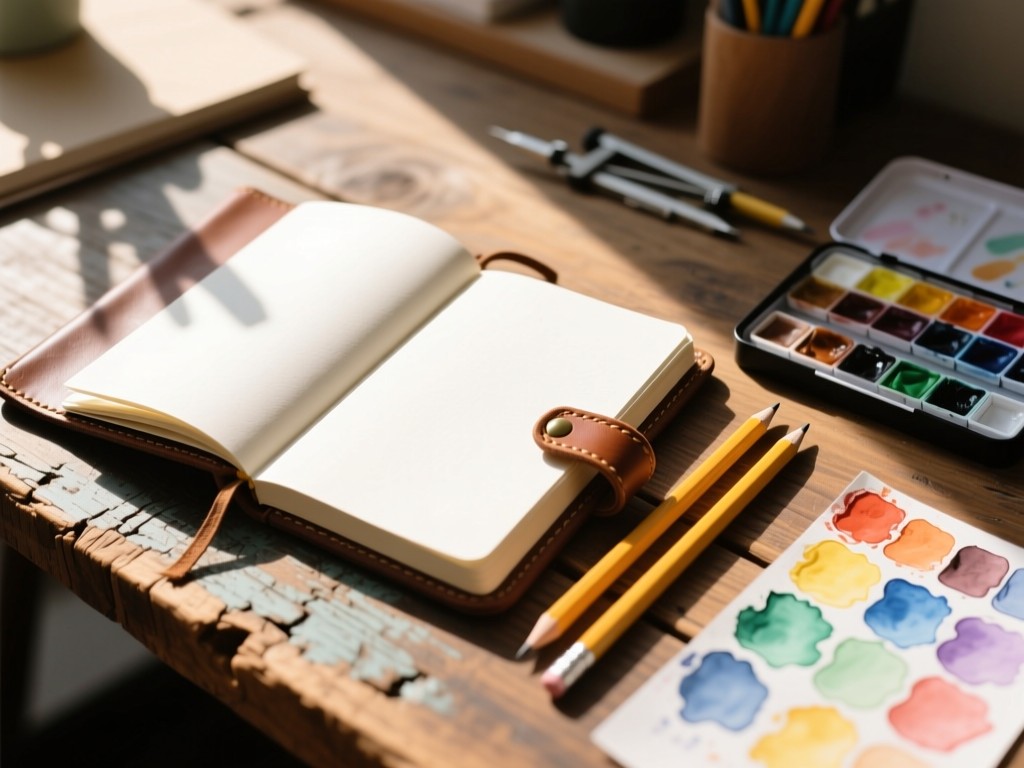 An open leather-bound sketchbook beside drafting pencils on a reclaimed wood table, afternoon sun illuminating blank pages, watercolor swatches in corner, creative workspace atmosphere, shallow focus, no text.