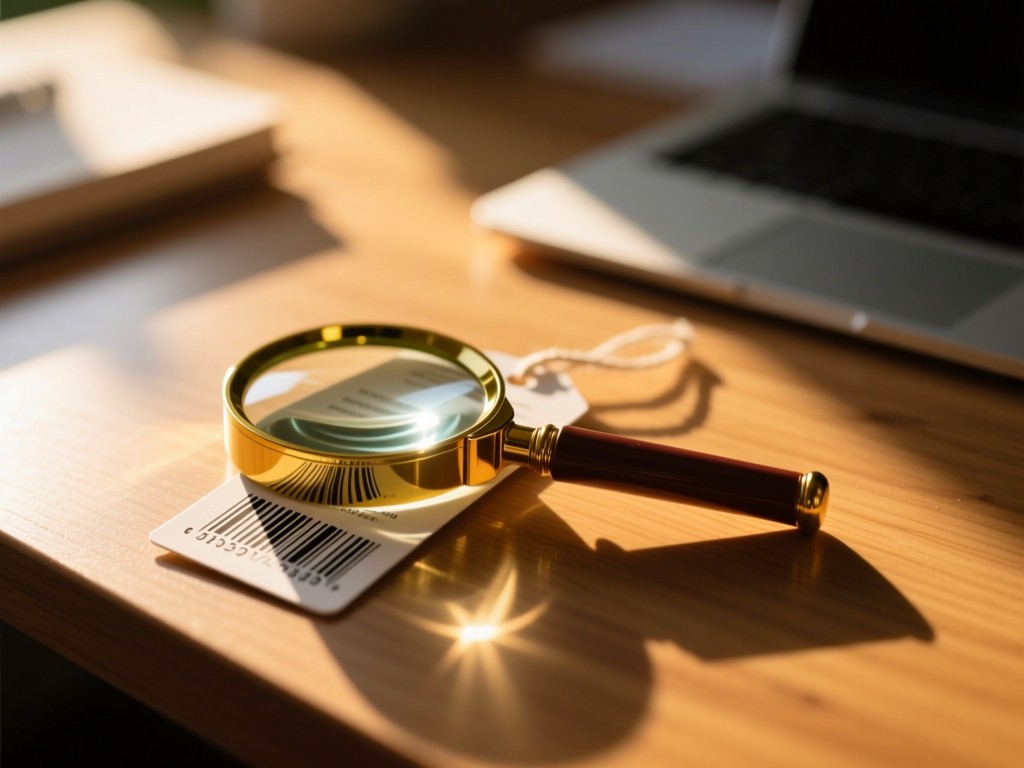Magnifying glass resting on a product tag with barcode visible. Golden hour light creates long shadows on a wooden desk. Soft focus background.