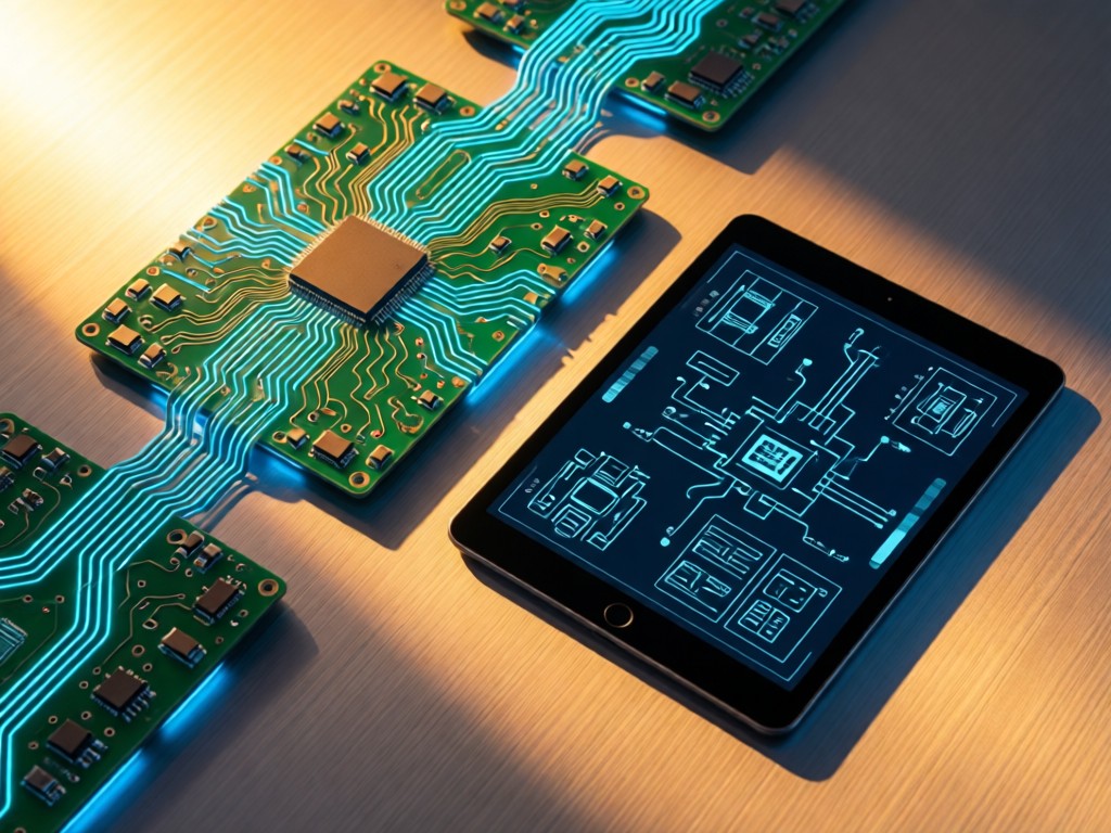 Overhead shot of a circuit board with glowing pathways next to a sleek tablet displaying automation schematics. Soft shadows on a brushed metal surface. Golden hour lighting.