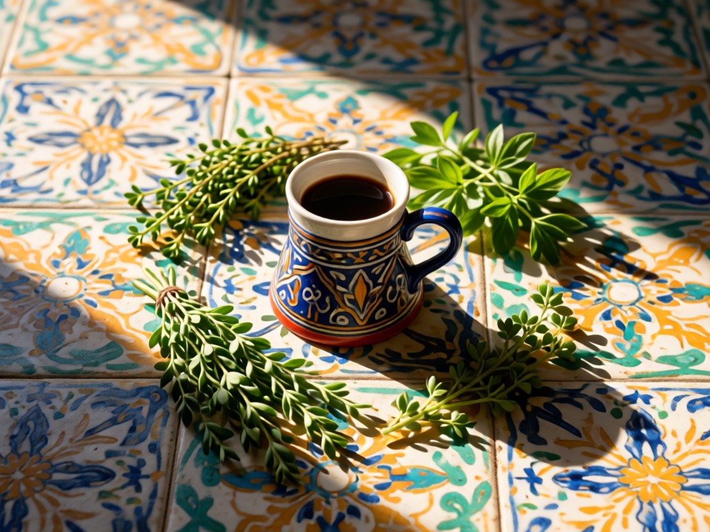 Aerial view of a traditional Palestinian coffee cup (finjan) surrounded by fresh za'atar herbs on a hand-painted ceramic tile. Morning light creates soft shadows on textured surface. No people.