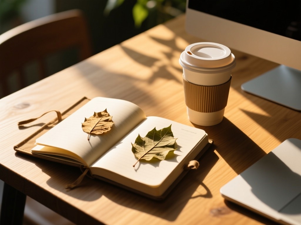 An open recycled journal with pressed leaves beside a reusable cup on a wooden table, golden hour light casting long shadows, eco-friendly workspace vibe, no visible text.