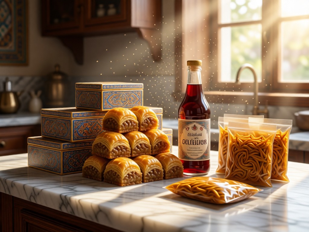 Artfully arranged Persian grocery items: stacked baklava boxes, pomegranate molasses bottle, and saffron packets on marble counter. Morning light streams through window, illuminating dust particles. No people.