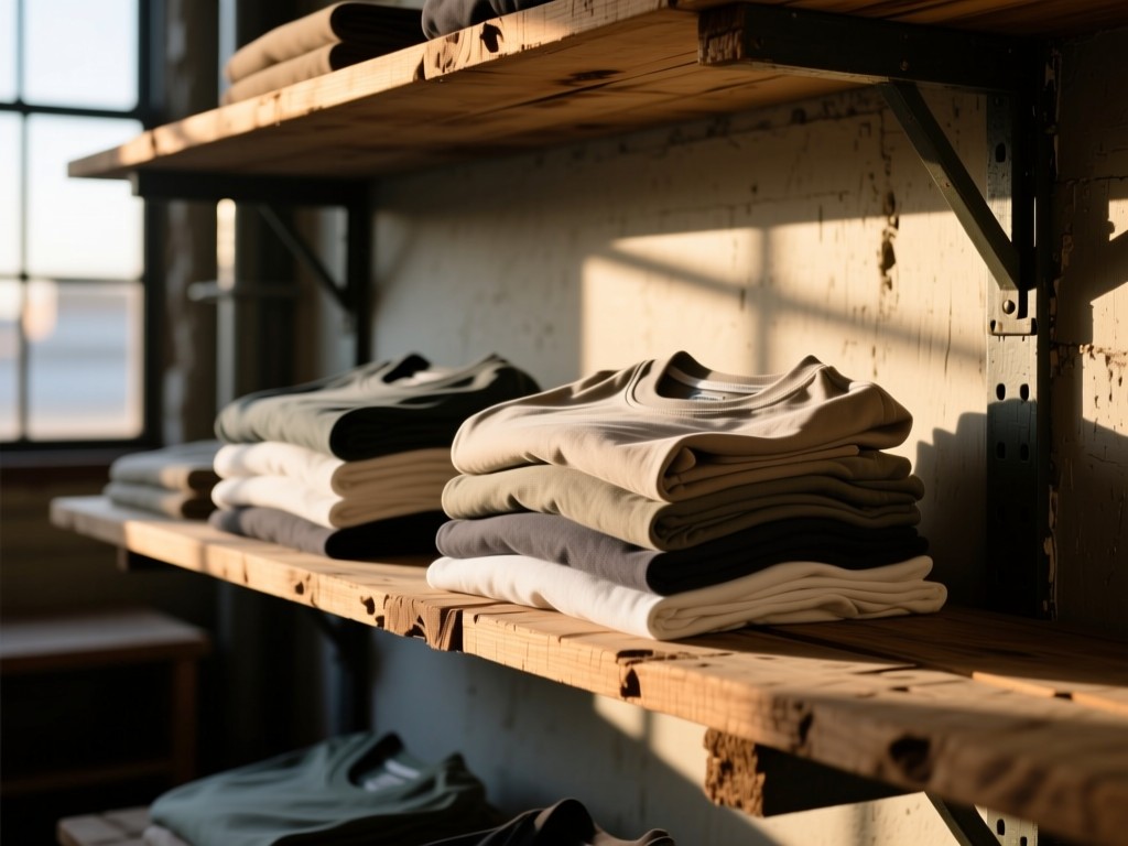 Stacked band t-shirts in muted tones on a reclaimed wood shelf. Soft shadows cast by late sun through warehouse windows.