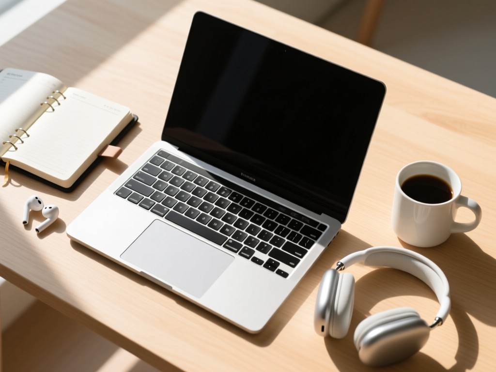 An aerial view of a sleek laptop surrounded by symbolic productivity tools: an open planner, wireless headset, and coffee mug on a light wood surface. Morning sun creates clean shadows. Represents streamlined efficiency. No people.