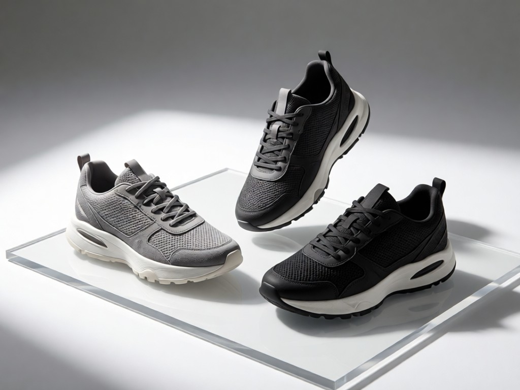 Minimalist studio setup: three designer sneakers at different angles on a white acrylic surface. Soft directional lighting highlights textures. No people.