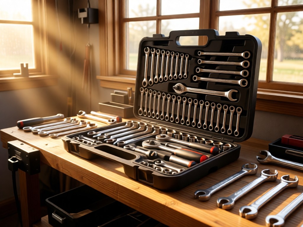 A neatly organized toolbox with Nissan-specific wrenches on a workbench. Morning light streams through garage windows, highlighting metallic textures. No people.