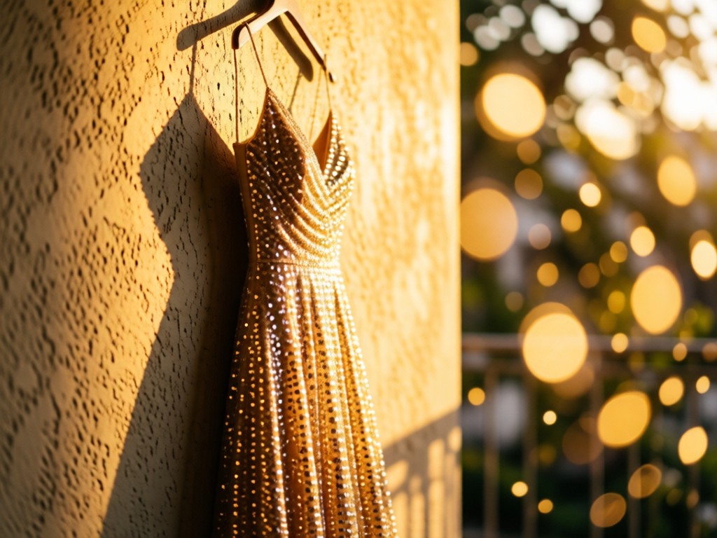 A single prom dress hanging against a sunlit textured wall. The gown's sequins catch golden hour light while soft bokeh blurs the background. Symbolizes focus and elegance. No people.