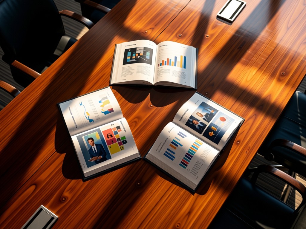 Aerial view of a polished mahogany conference table with three open portfolio books arranged in a triangle. Each shows different client project visuals. Golden hour light creates long, elegant shadows across the surface.