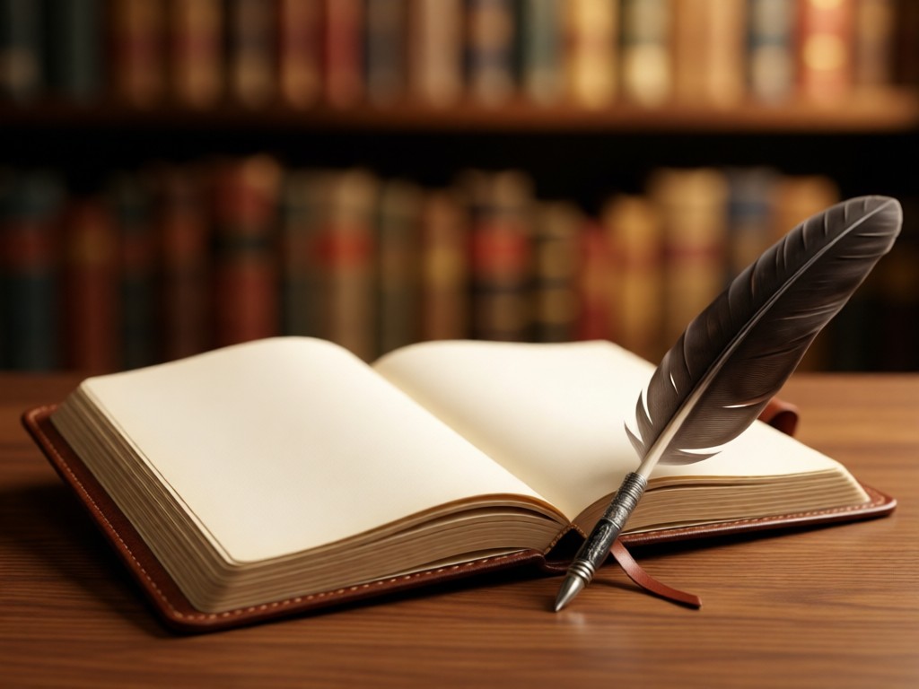 A leather-bound journal open to blank pages with a quill pen resting beside it. Soft focus on a blurred bookshelf background. Warm, diffused lighting creates intimate mood. No people.