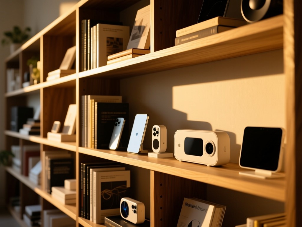 An angled view of a curated shelf with niche products like books and tech gadgets. Golden hour light emphasizes texture. No people.