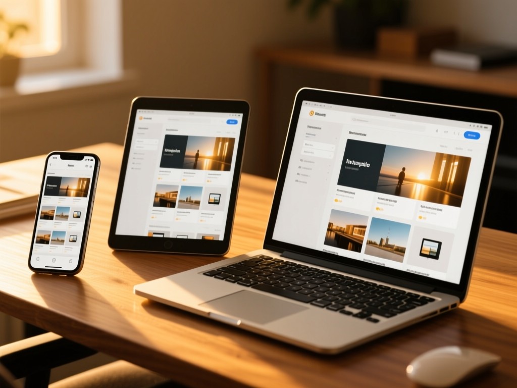 Three devices (phone, tablet, laptop) showing identical portfolio layouts on a wooden desk. Golden hour light creates warm reflections on screens. No people.