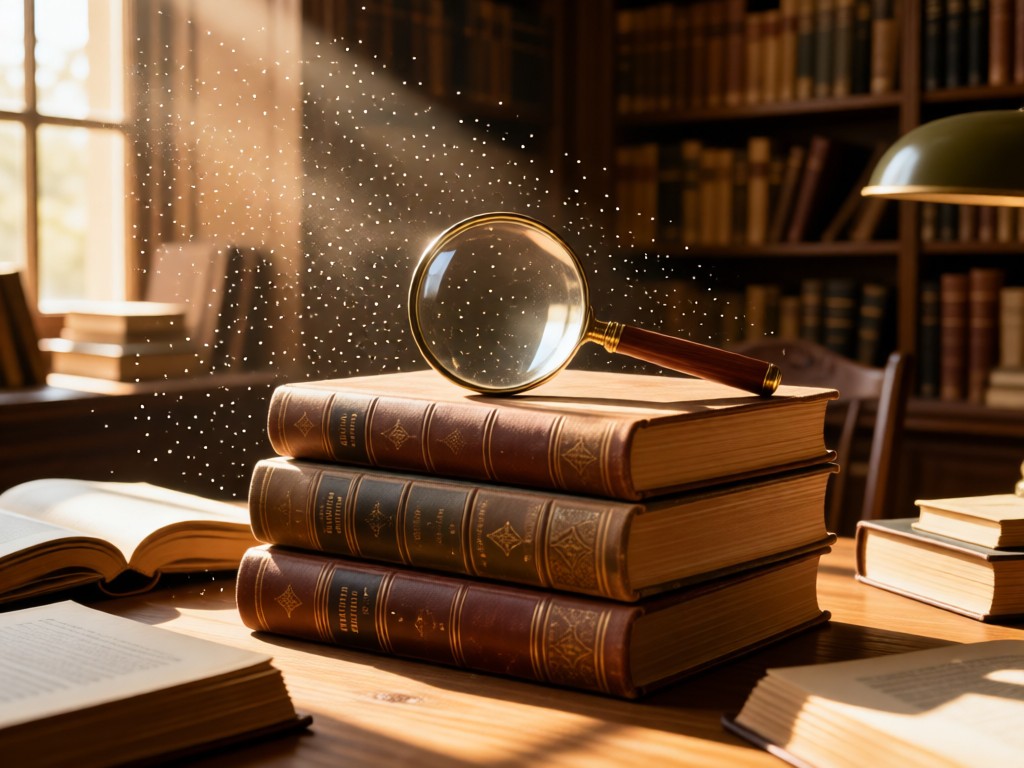 Stacked academic journals with a magnifying glass resting on top. Sunlight highlights dust particles in a serene study setting. Earth-toned color palette.