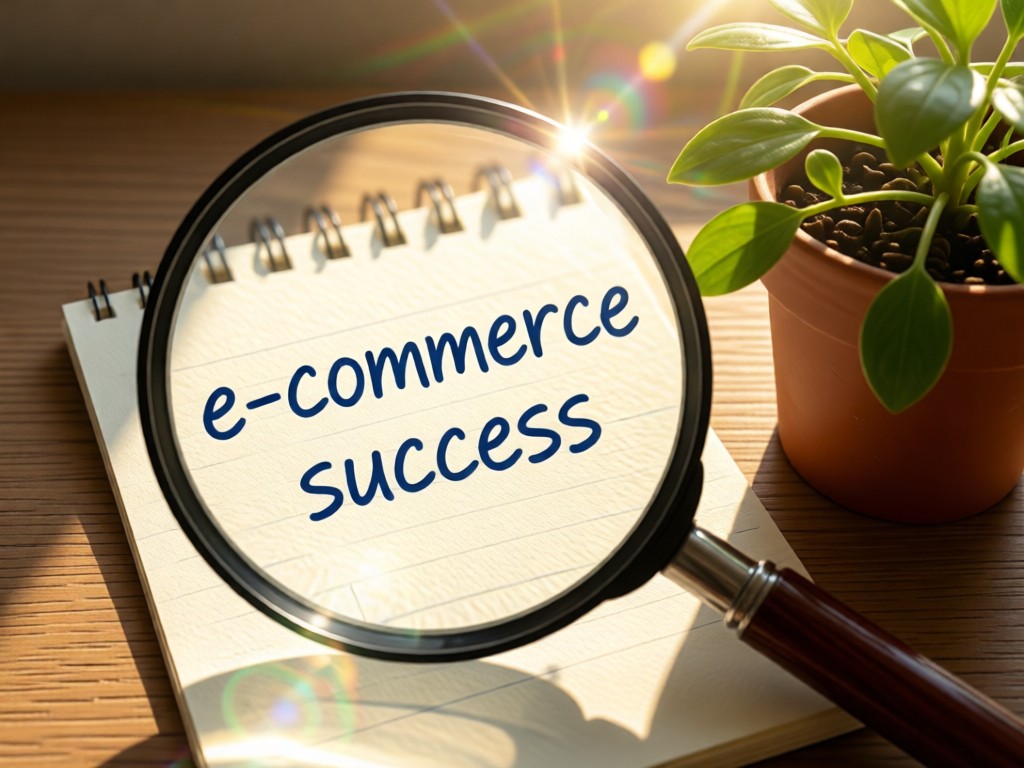 A magnifying glass focusing on a handwritten 'e-commerce success' note beside a plant. Sunlight creates lens flare effects. No people.