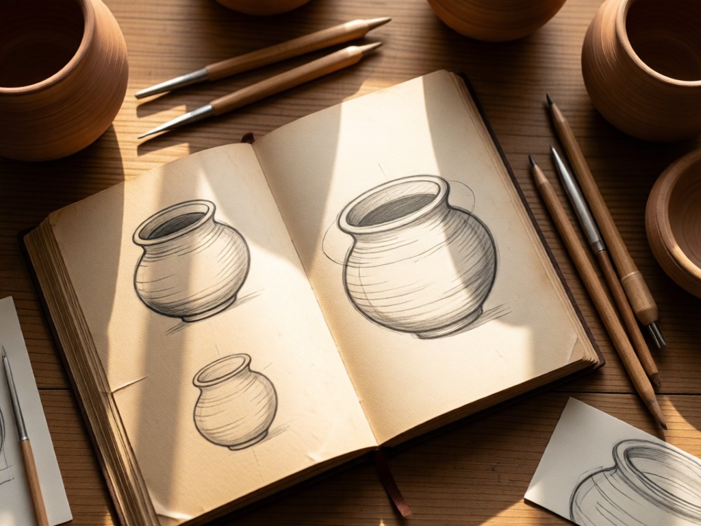 Overhead shot of an open sketchbook beside pottery tools. Pencil drawings of ceramic designs visible. Natural light casts soft shadows on textured paper. Earthy browns and warm whites dominate. No people.