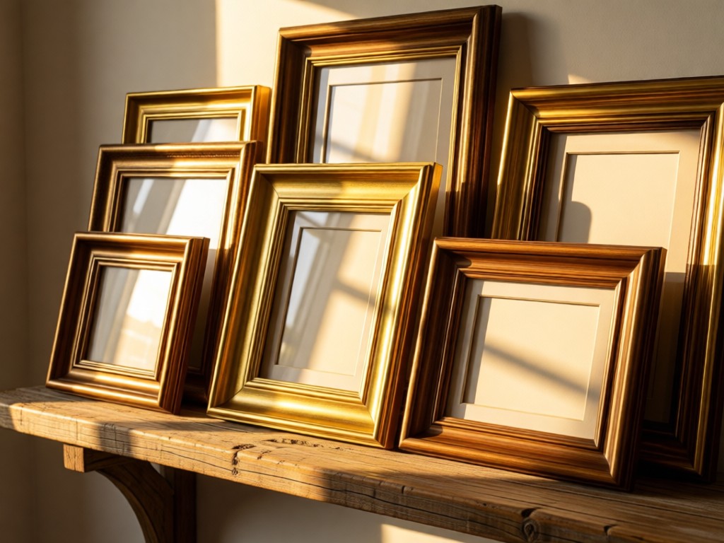 Artfully arranged cluster of diverse picture frames on a reclaimed wood shelf. Golden sunlight highlights different frame finishes. No people.