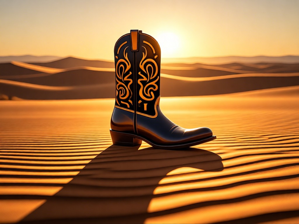Single artisan-crafted boot centered in a vast desert at golden hour. Long shadow emphasizes craftsmanship isolation. Symbolizes focus and visibility. No people.