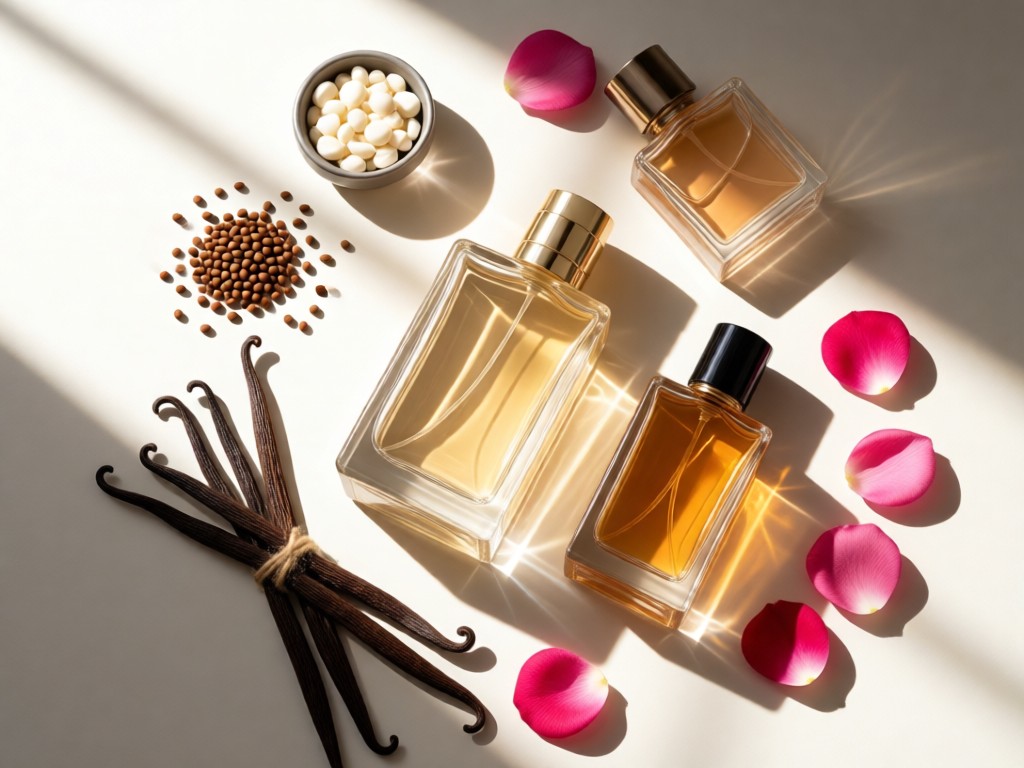 Flat lay of perfume bottles surrounded by raw ingredients like vanilla pods and rose petals. Soft window light creates natural highlights on glass surfaces. No people.