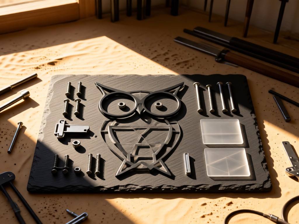Minimalist layout: Owl glasses components arranged geometrically on slate. Screws, hinges, and acetate samples catch warm light. Clean shadow play. Deserted workshop backdrop. No people.