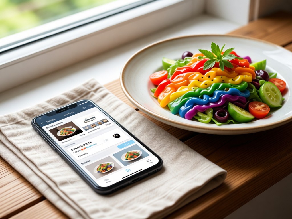 A smartphone resting on a linen napkin beside a perfectly plated natural dish (rainbow salad). Screen displays a clean portfolio layout. Soft window light. No people.