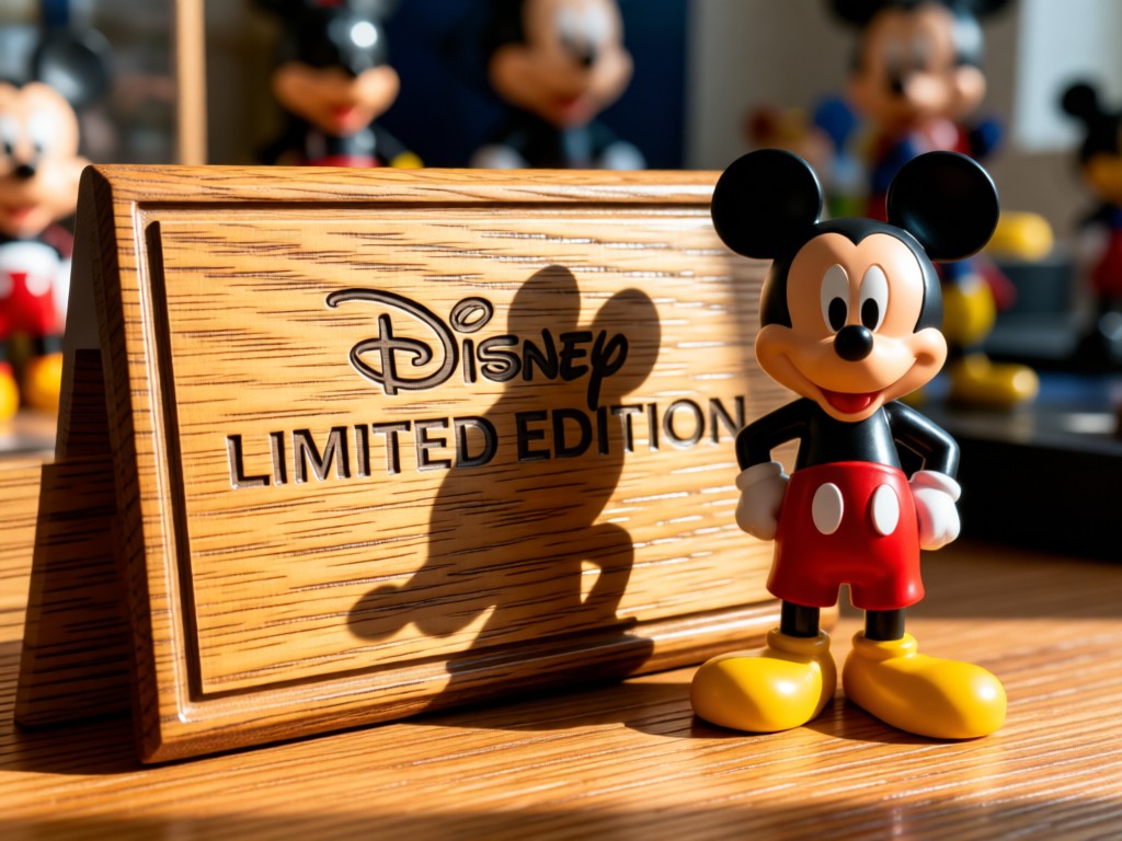 Close-up of a 'Limited Edition' engraved plaque beside a Disney figurine. Morning light creates sharp shadows on textured wood grain. Blurred collectibles in background. No people.