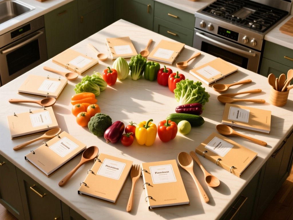 Aerial view of a well-organized kitchen workstation: matching recipe binders, wooden spoons, and colorful produce arranged in clean circles. Golden hour light creates harmonious shadows. No people.