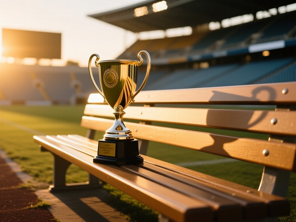 A lone championship trophy on a sunlit stadium bench during golden hour, long shadows, warm glow symbolizing achievement and growth, minimalist composition, no people.
