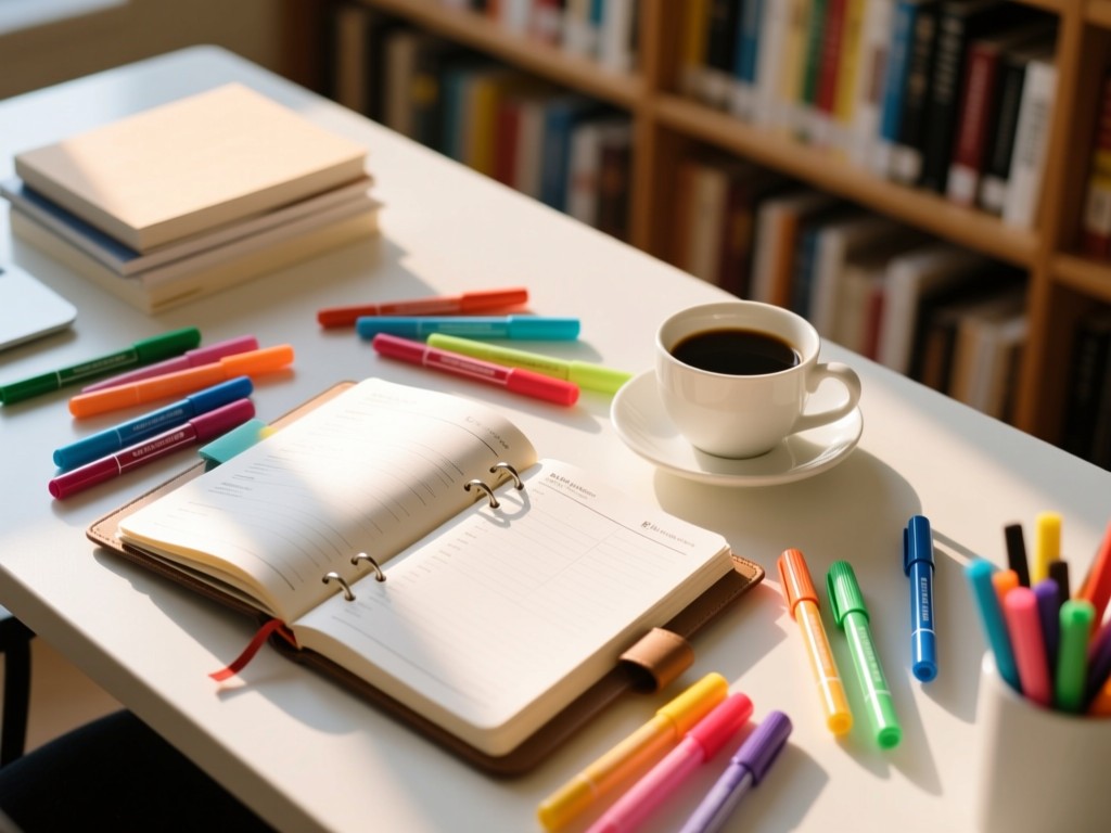 Aerial view of an open lesson planner surrounded by vibrant markers and a coffee cup. Soft sunlight spotlights the organized workspace against blurred bookshelves. Serene productivity. No people.
