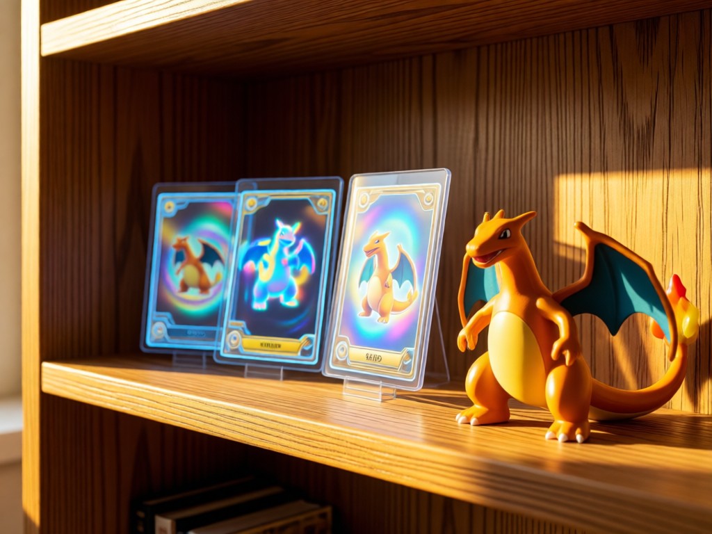 A sunlit wooden shelf displaying holographic Pokemon cards beside a miniature Charizard figure. Golden light highlights texture details. No people.