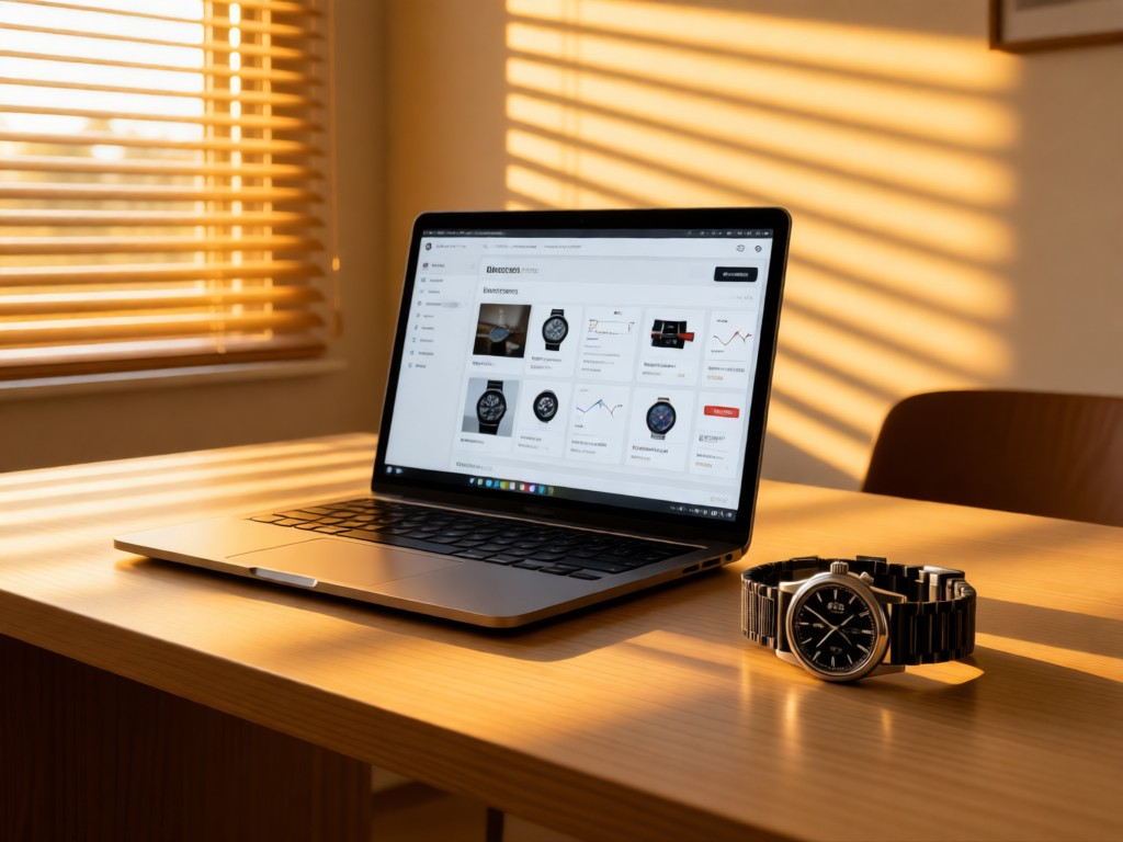 A minimalist desk setup showing a laptop displaying watch listings. An Omega NATO strap coils beside it. Golden hour light through nearby blinds. Clean and professional. No people.