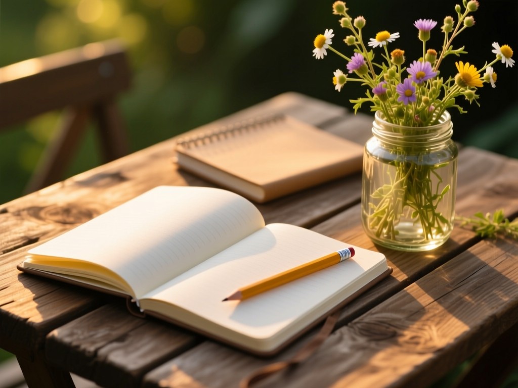 Open notebook with pencil on recycled wood table during golden hour, blank pages glowing, recycled glass jar with wildflowers beside it, shallow depth of field.