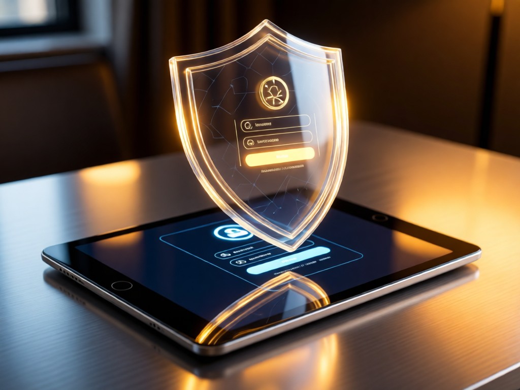 A translucent security shield graphic hovering above a sleek tablet showing a login screen. Warm light reflects off metallic surfaces. No text visible.