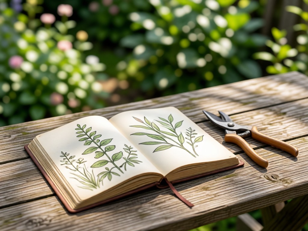 A rustic garden journal open beside pruning shears on weathered wood. Hand-drawn plant sketches visible. Soft focus on background foliage.