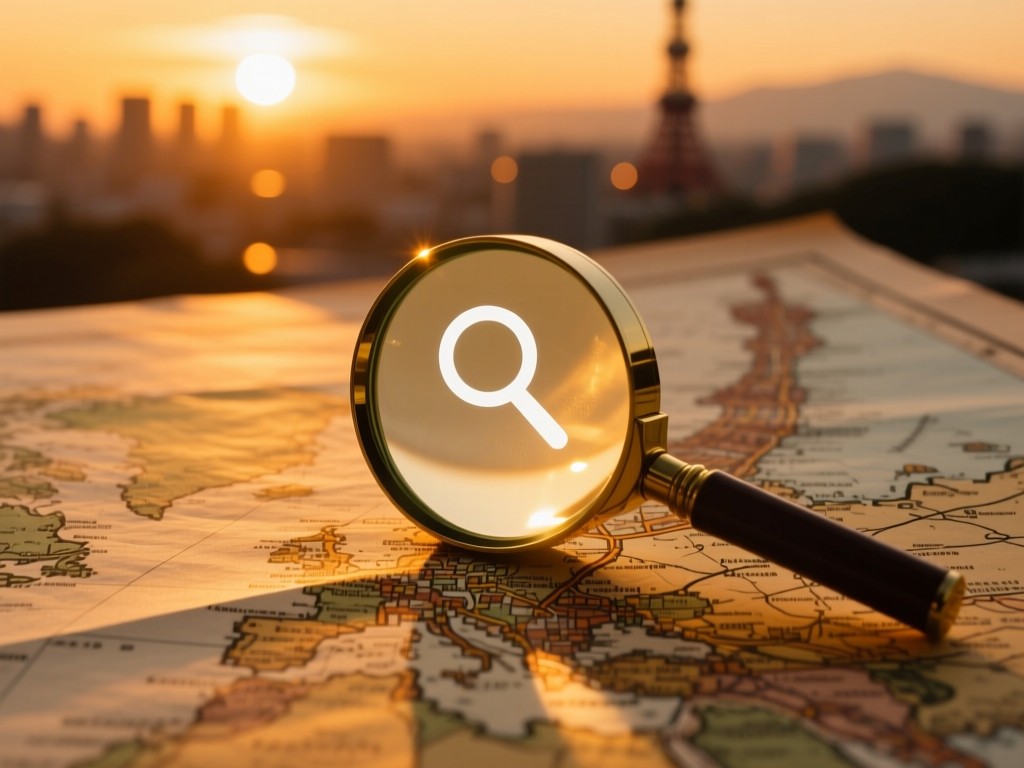 A magnifying glass resting on a vintage map of Tokyo at sunset, golden light highlighting search intent symbolism, warm amber glow, soft shadows, textured paper background, minimalist composition.