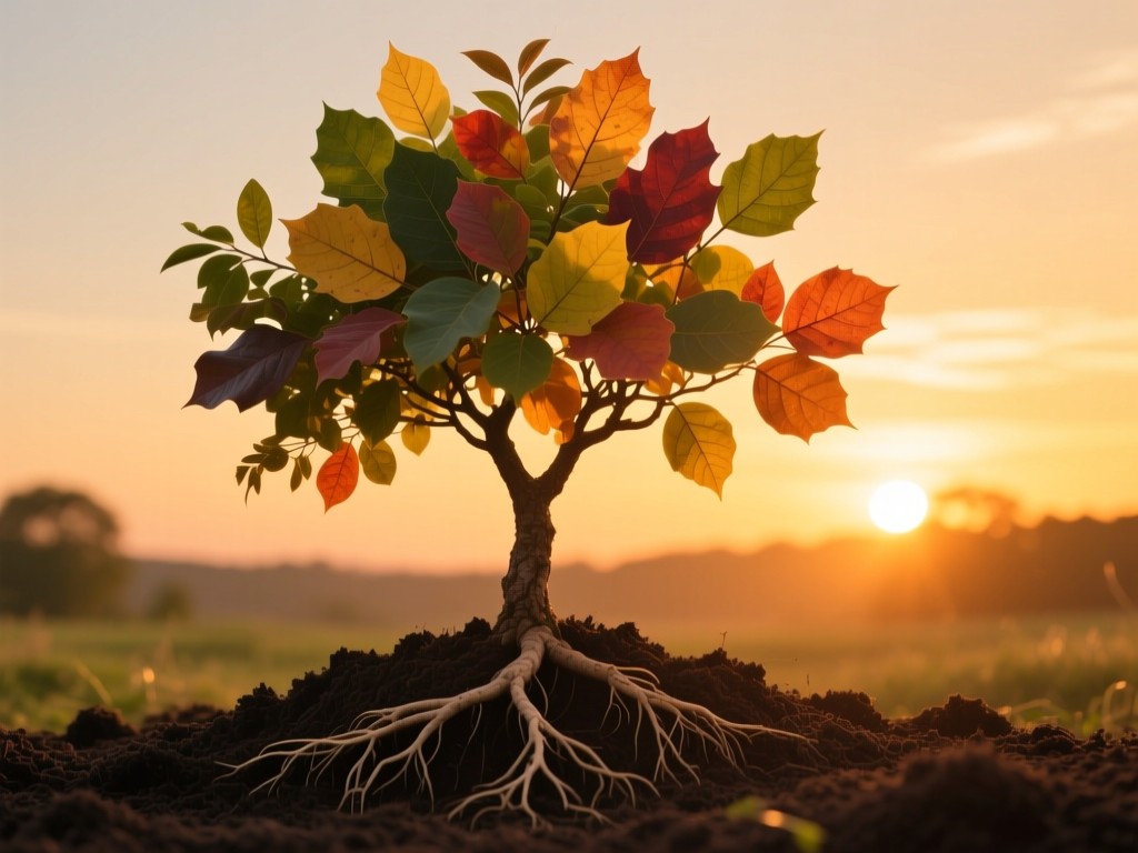A single tree with diverse leaf colors during golden hour, roots extending into rich soil, symbolizing growth and inclusion, warm sunset glow, soft shadows, no people.