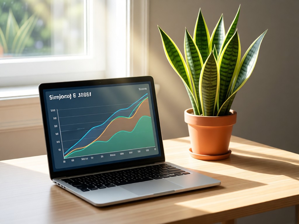 Laptop showing simple analytics dashboard beside a thriving snake plant. Sunbeam illuminates the growth chart. Clean desk with breathing room. No people.