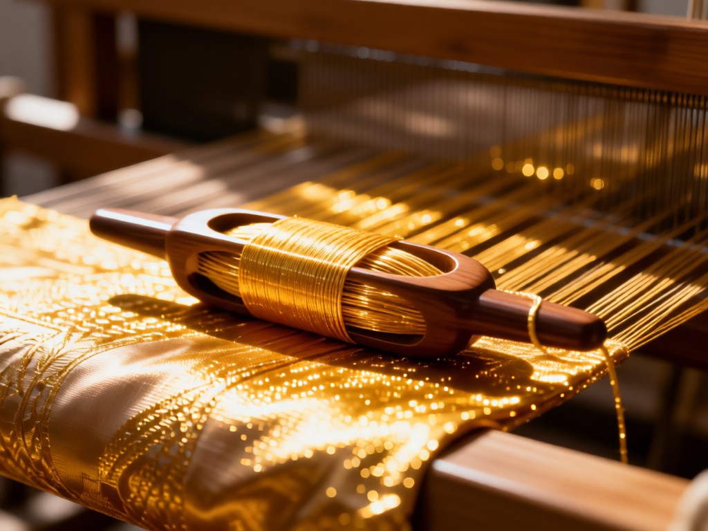 Close-up of a traditional handloom shuttle resting on partially woven silk fabric. Golden threads shimmer in warm light against a blurred loom background. No people.